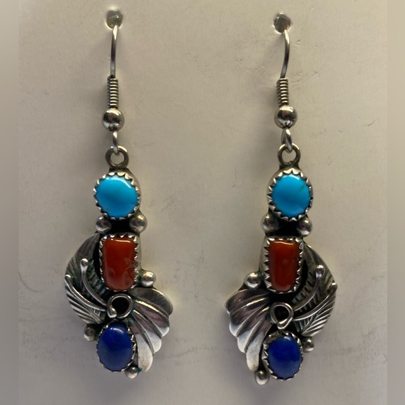 Sylvia Chee Jewelry - Sylvia Chee Sterling, Turquoise, Red Coral and Lapis Lazuli Navajo Earrings